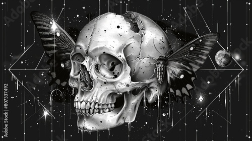 An abstract design of a skull with a hawk moth and sacred geometric elements, hipster triangles, mystical symbols. Modern monochrome art based on tattoos, isolated on white. photo