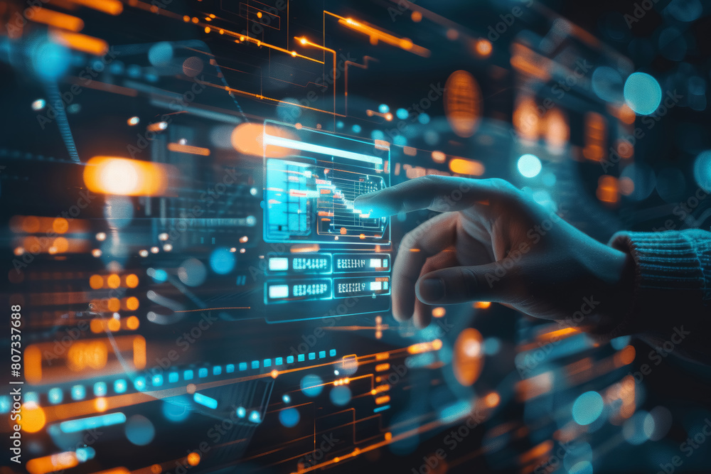 Futuristic Interface Interaction: Human Hand Engaging with Digital Technology Futuristic Interface Interaction: Human Hand Engaging with Digital Technology