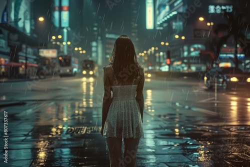 Woman standing in the rain in the city. Suitable for urban themes