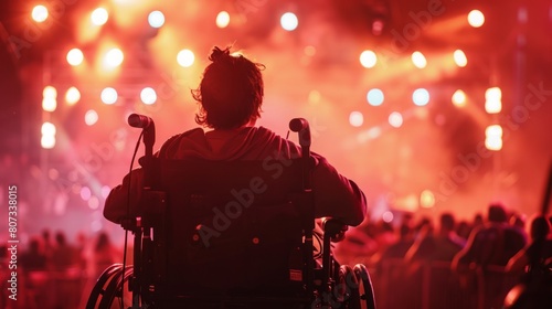 A person in a wheelchair enjoying a concert, surrounded by a crowd of people and stage lights. photo
