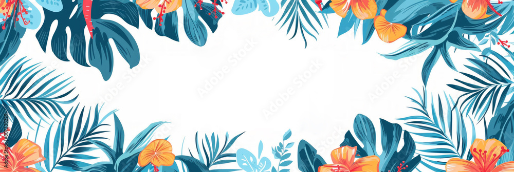 Horizontal banner with hand drawn blooming exotic flowers, tropical leaves blue, orange color on white background. Copy space. Beautiful summer promotional design for poster, invitation, cover, flyer Horizontal banner with hand drawn blooming exotic flowers, tropical leaves blue, orange color on white background. Copy space. Beautiful summer promotional design for poster, invitation, cover, flyer
