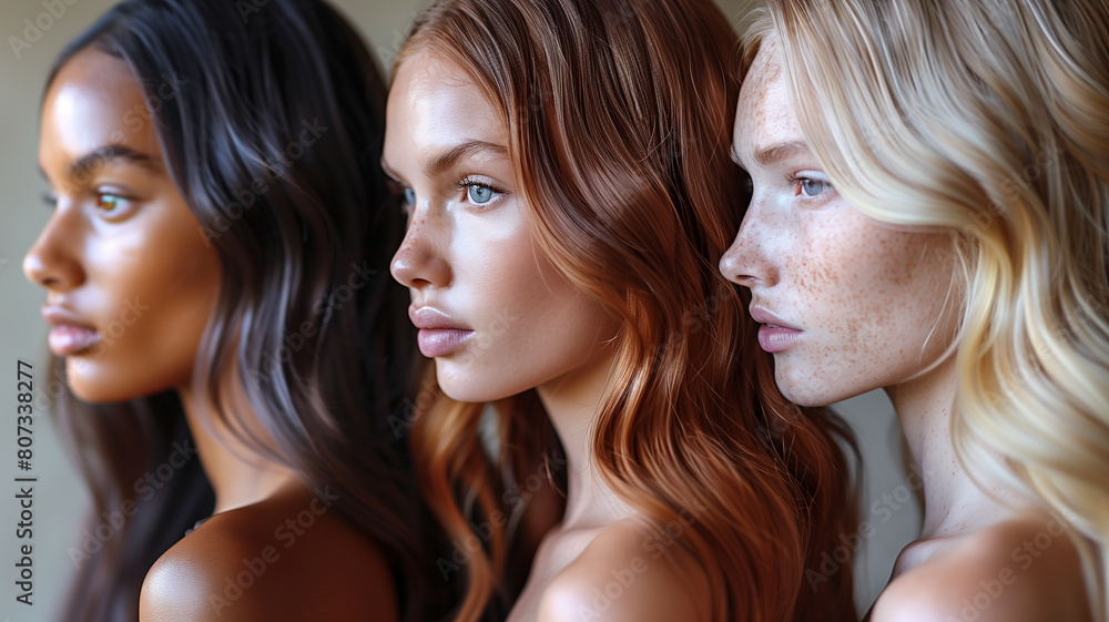 Three women with different hair colors and skin tones, side profile, natural light, studio setting, diversity, beauty, long hair, bare shoulders, close-up Three women with different hair colors and skin tones, side profile, natural light, studio setting, diversity, beauty, long hair, bare shoulders, close-up