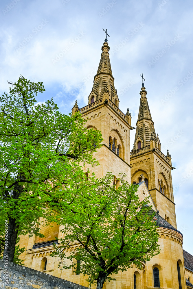 Obraz premium Neuchâtel, Neuenburg, Stiftskirche, Kirche, Kollegiatskirche, Schloss, Schlosshügel, Festung, Stadtmauer, Altstadt, Altstadthäuser, Frühling, Sommer, Schweiz