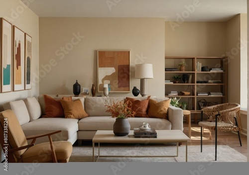 Inviting Living Room Warm Colored Furniture , couch and chair in a living room, bay window, apartment