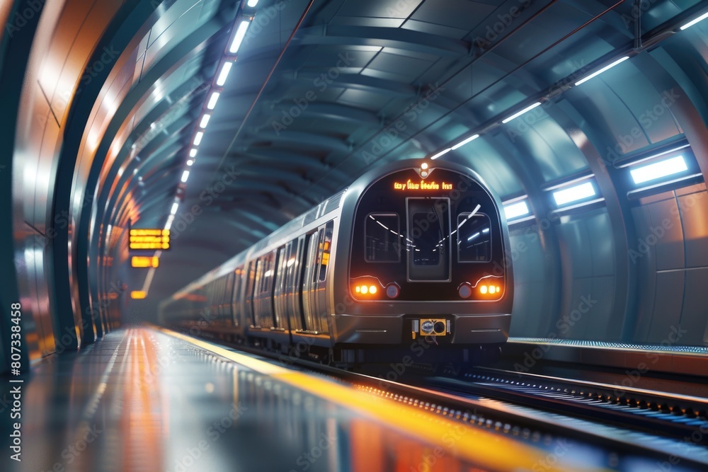 Fototapeta premium Subway train traveling through tunnel next to platform. Suitable for transportation concepts