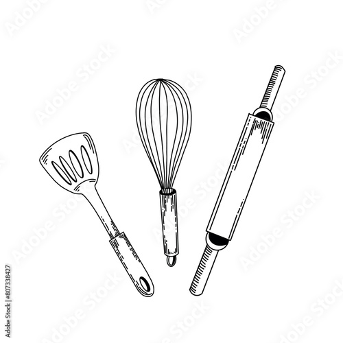 Kitchenware. Rolling pin for rolling out dough, whisk for whipping, spatula for cooking. All objects are drawn in vector in black. Suitable for printing on fabric, paper, towels, dishes.