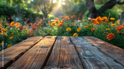 Wooden Table With Flowers in Background © olegganko
