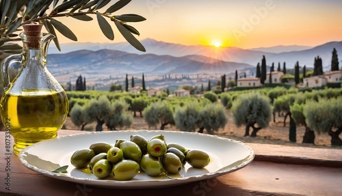 Olive oil and delicious olives on background of picturesque olive grove and mountain village.