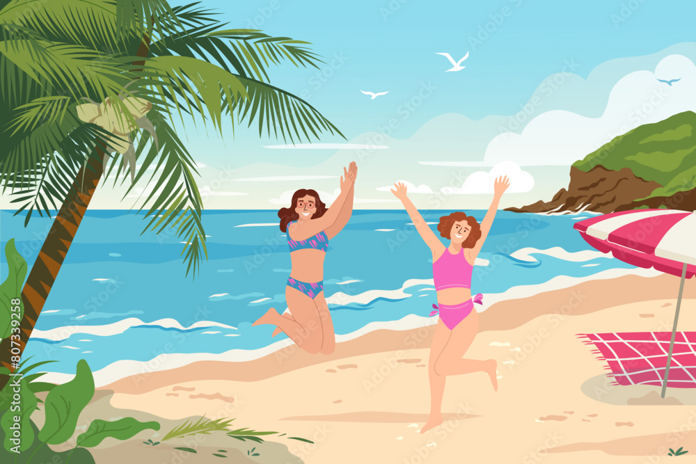 Tropical beach panoramic view with palm trees and rocks on the seashore. Happy girls jumping up on seaside. Cheerfull women in swimwear, excited about summer vacation. Flat vector Tropical beach panoramic view with palm trees and rocks on the seashore. Happy girls jumping up on seaside. Cheerfull women in swimwear, excited about summer vacation. Flat vector