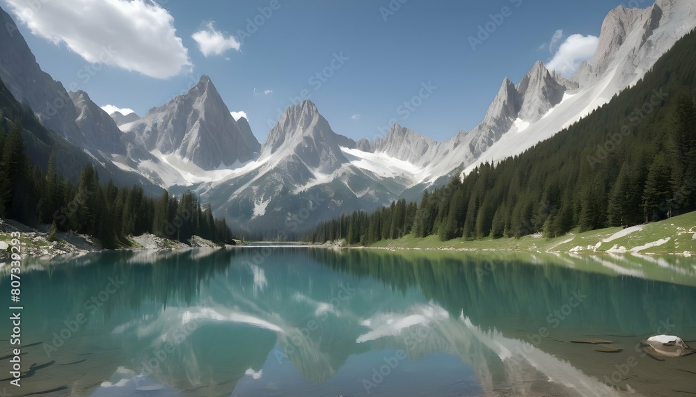 A tranquil alpine lake surrounded by towering peak