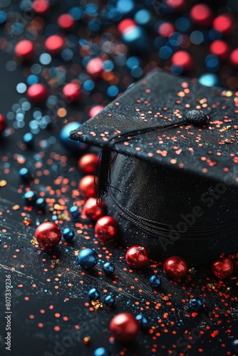 Graduation Cap Surrounded by Confetti and Beads