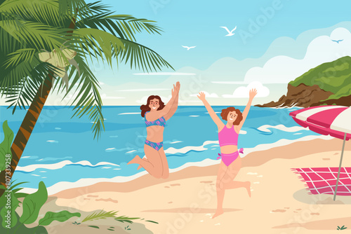 Tropical beach panoramic view with palm trees and rocks on the seashore. Happy girls jumping up on seaside. Cheerfull women in swimwear, excited about summer vacation. Flat vector © Катерина Фирсова