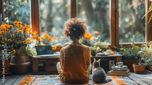 Woman Sitting on Rug With Cat