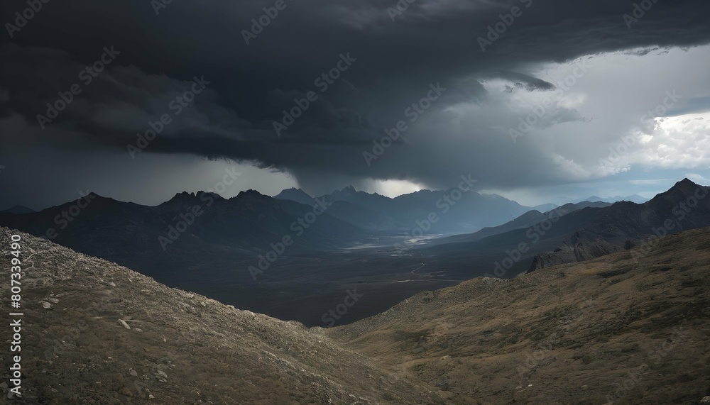 A rugged mountain range with a storm brewing on th