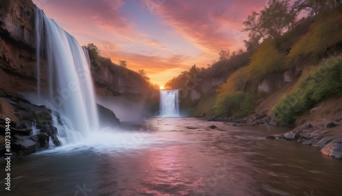 A sparkling waterfall reflecting the colors of a s upscaled 5