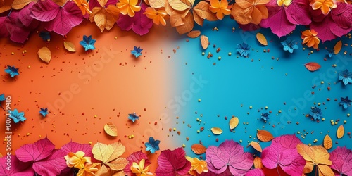 Blue and Orange Background With Colorful Flowers