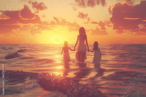 A woman and two children standing in the water  suitable for family vacation concepts