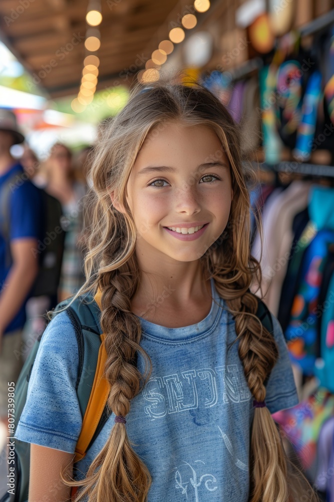 Fototapeta premium Young Girl Standing in Front of Poster