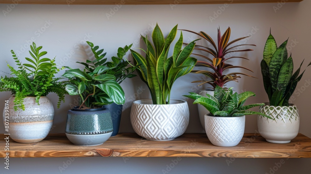 Row of Potted Plants on Wooden Shelf Row of Potted Plants on Wooden Shelf