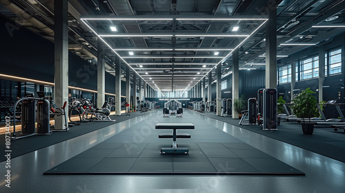 A fitness and wellness zone situated in a vast, modern exhibition centre, black gym flooring, complete with strength equipment. Generative AI. photo