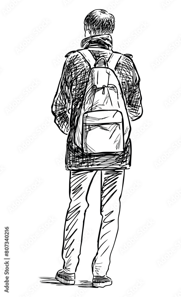 Citizen casual moden young man with backpack standing outdoors alone,vector sketch isolated on white