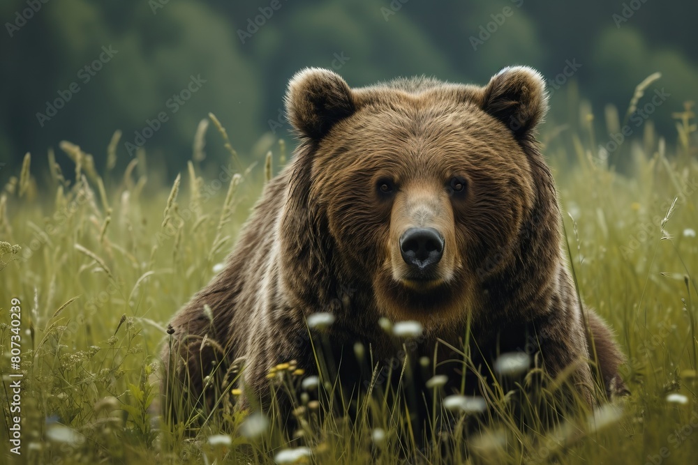 Large Brown Bear Standing in Lush Green Field Large Brown Bear Standing in Lush Green Field