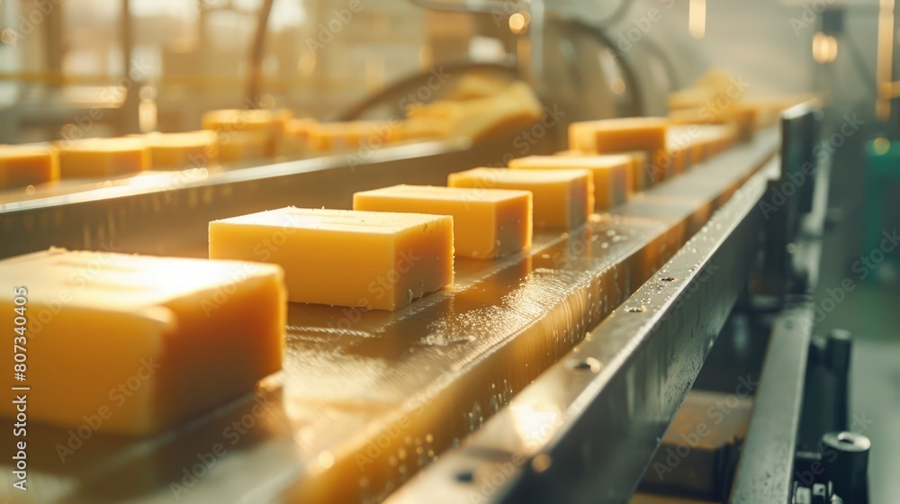 Conveyor belt filled with cheese cubes, ideal for food production industry