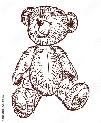 Teddy bear old plush toy doodle sketch  vector hand drawn illustration isolated on white