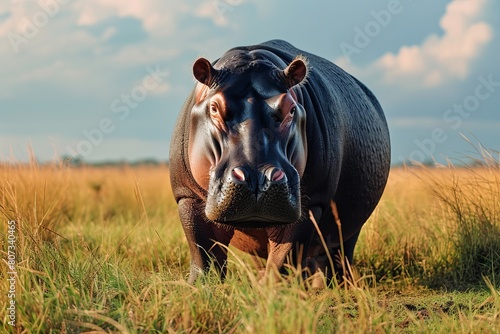 Hippopotamus Standing in a Grassy Field photo