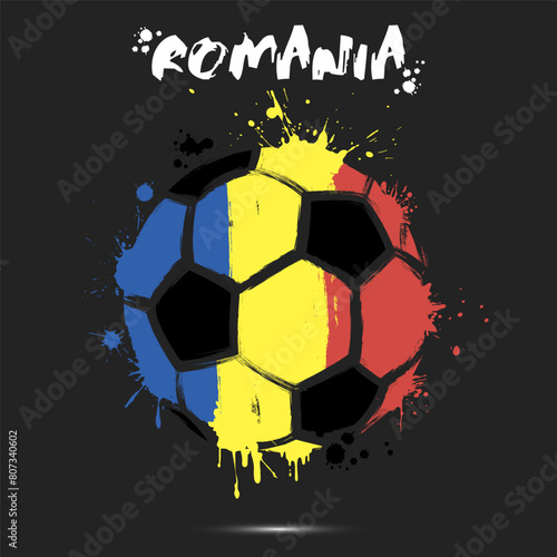Abstract soccer ball with Romania national flag colors. Flag of Romania in the form of a soccer ball made on an isolated background. Football championship banner. Vector illustration