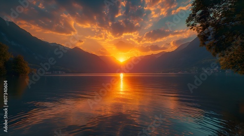 Tranquil Sunset Over Majestic Lake In Switzerland  Colorful Sunset Landscape  Calming Waterscape With Mountains  Capturing The Peacefulness  Mist Hovering Over The Water