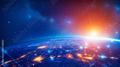 Sunrise Over Earth  A Spectacular View of a Glowing Horizon with City Lights from Space Illustrating Global Connectivity and Energy