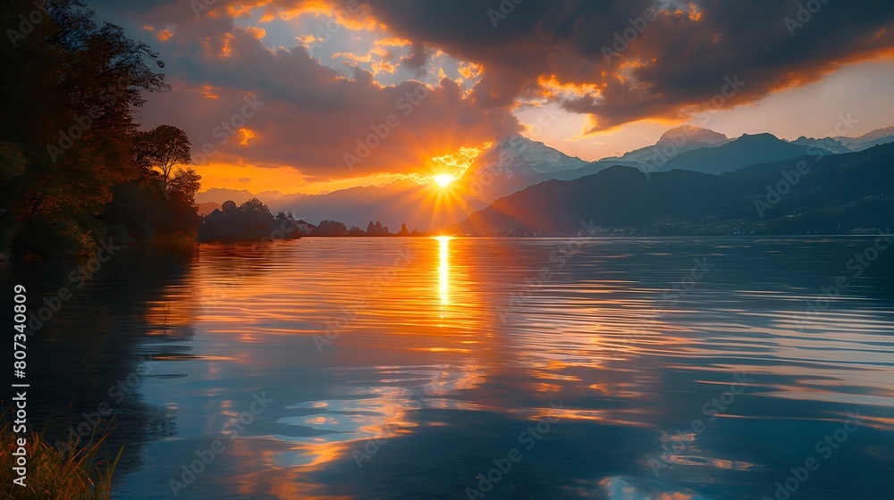 Tranquil Sunset Over Majestic Lake In Switzerland, Colorful Sunset Landscape, Calming Waterscape With Mountains, Capturing The Peacefulness, Mist Hovering Over The Water Tranquil Sunset Over Majestic Lake In Switzerland, Colorful Sunset Landscape, Calming Waterscape With Mountains, Capturing The Peacefulness, Mist Hovering Over The Water