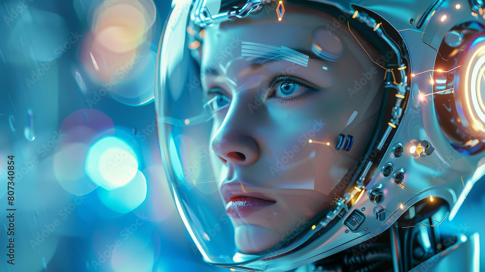 A woman in a futuristic space suit with a blue helmet