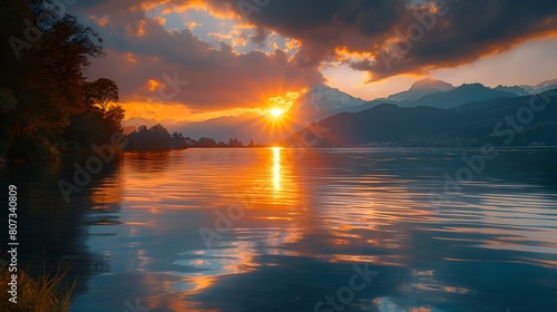 Tranquil Sunset Over Majestic Lake In Switzerland, Colorful Sunset Landscape, Calming Waterscape With Mountains, Capturing The Peacefulness, Mist Hovering Over The Water