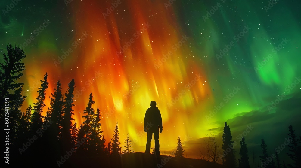 Obraz premium Cosmic Connection: A Giant Silhouette Amidst Vibrant Auroras