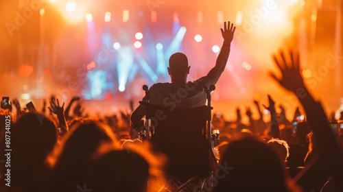 A man in a wheelchair raises his hands in excitement at a concert, enjoying the music and atmosphere. photo
