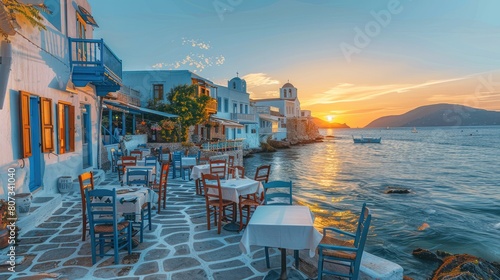 Luxury restaurant at sunrise. tables and chairs set up for an outdoor dining experience on white stone walls near water edge, overlooking small houses with pastel colored facades. Generative AI. photo