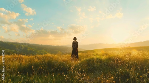 Harmony with Nature: Colossal Silhouette Amidst Rolling Hills and Meadows