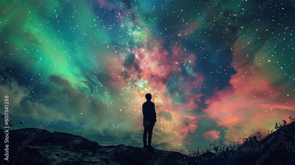 Fototapeta premium Cosmic Connection: Mesmerizing Giant-Sized Silhouette Amidst Vibrant Auroras