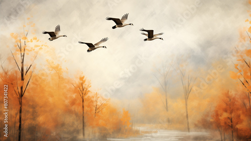 birds flying in the morning fog