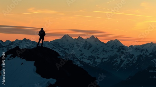 Majestic Silhouette: A Lone Adventurer Amidst Snow-Capped Mountains at Sunset © Arslan