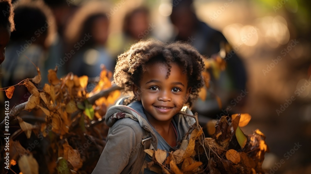 Charming African Child Playing in Autumn Leaves, Candid Childhood Moment Charming African Child Playing in Autumn Leaves, Candid Childhood Moment