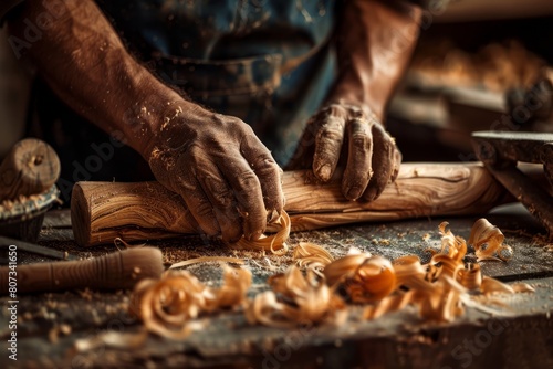 Closeup of a carpenters hands chiseling a piece of wood with woodworking tools in the background photo