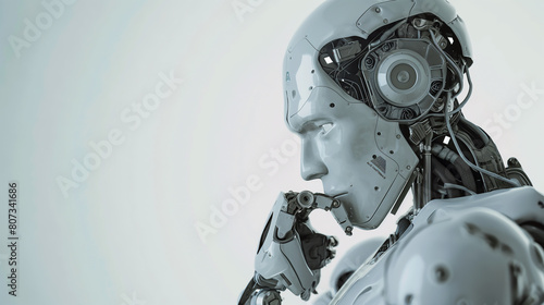 Photo of a robot thinking, white background, detailed skin texture and , side view, high resolution, Advance Robotic technology