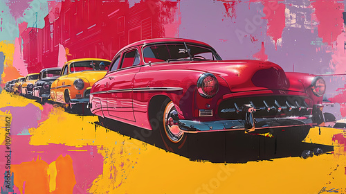 Vibrant Pop Art of Classic Cars Lined Up on a Colorful Street