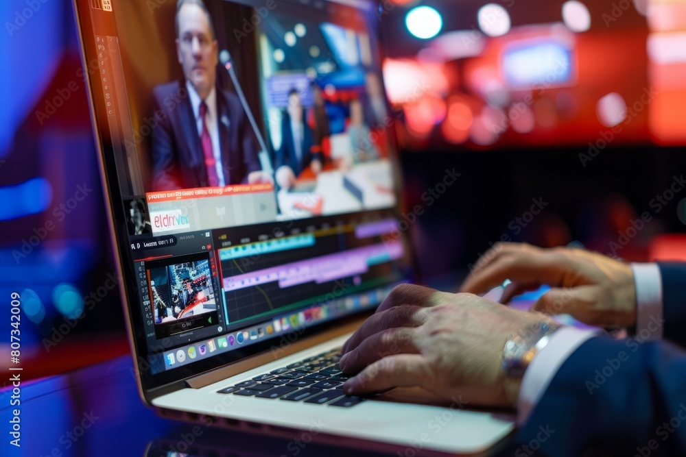 Close-up of a persons hands typing on a laptop keyboard, screen displaying a live news broadcast