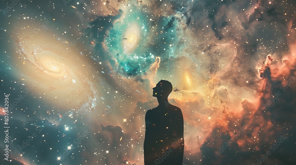 Cosmic Connection: A Surreal Silhouette Amidst Swirling Galaxies Cosmic Connection: A Surreal Silhouette Amidst Swirling Galaxies