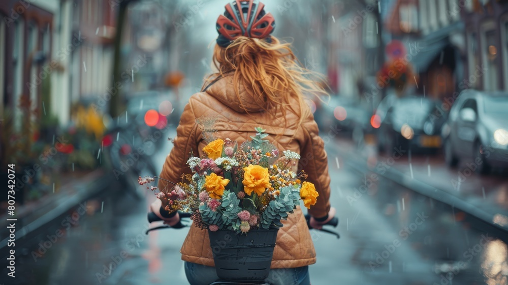 Naklejka premium Rainy Day Bicycle Ride: Woman with a Colorful Bouquet on City Street