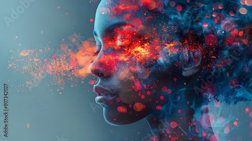 Vibrant Concept Art of Woman s Face Dissolving into Colorful Particles